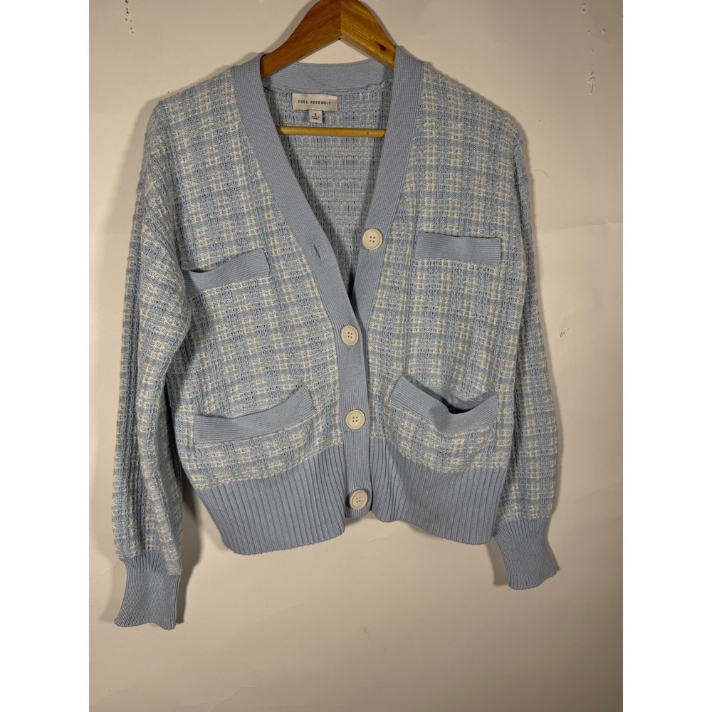 Free Assembly Womens Blue Tweed Knit Button Front Cardigan Sweater Size S